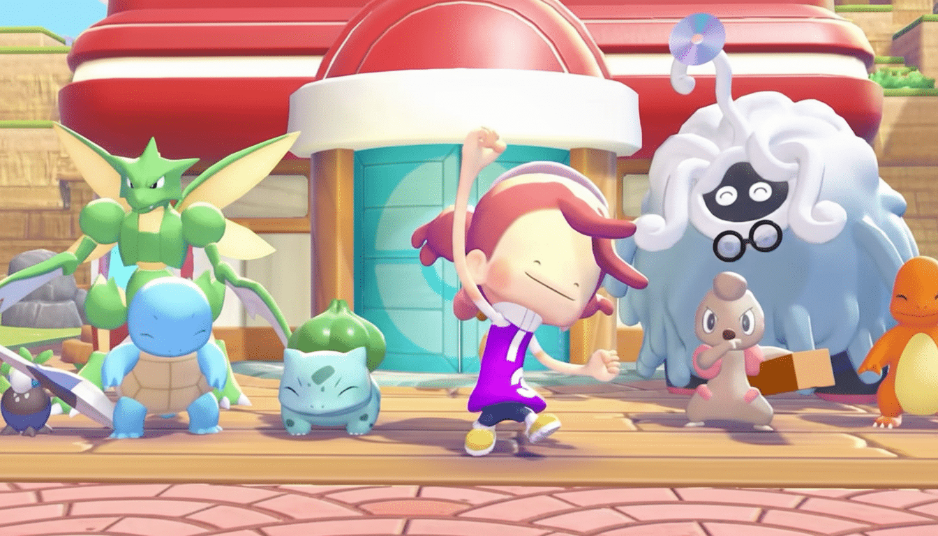 A group of Pokémon and a trainer character in front of a red building, resized to a 16:9 aspect ratio.