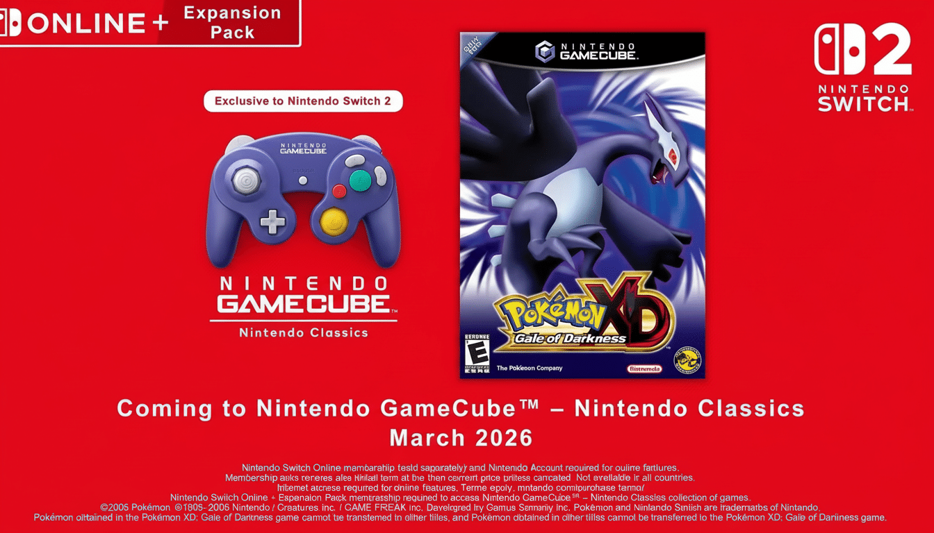 A promotional image for Nintendo GameCube - Nintendo Classics, featuring a purple GameCube controller and the cover art for Pokémon XD: Gale of Darkness, set against a red background with text announcing its release in March 2026 for Nintendo Switch Online + Expansion Pack.