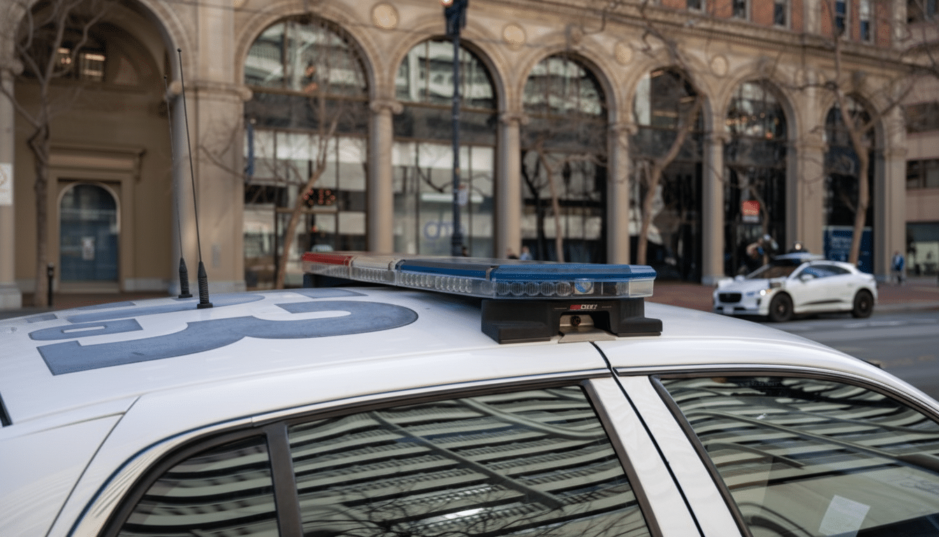 A police car with its light bar visible, parked on a city street with buildings and another vehicle in the background.