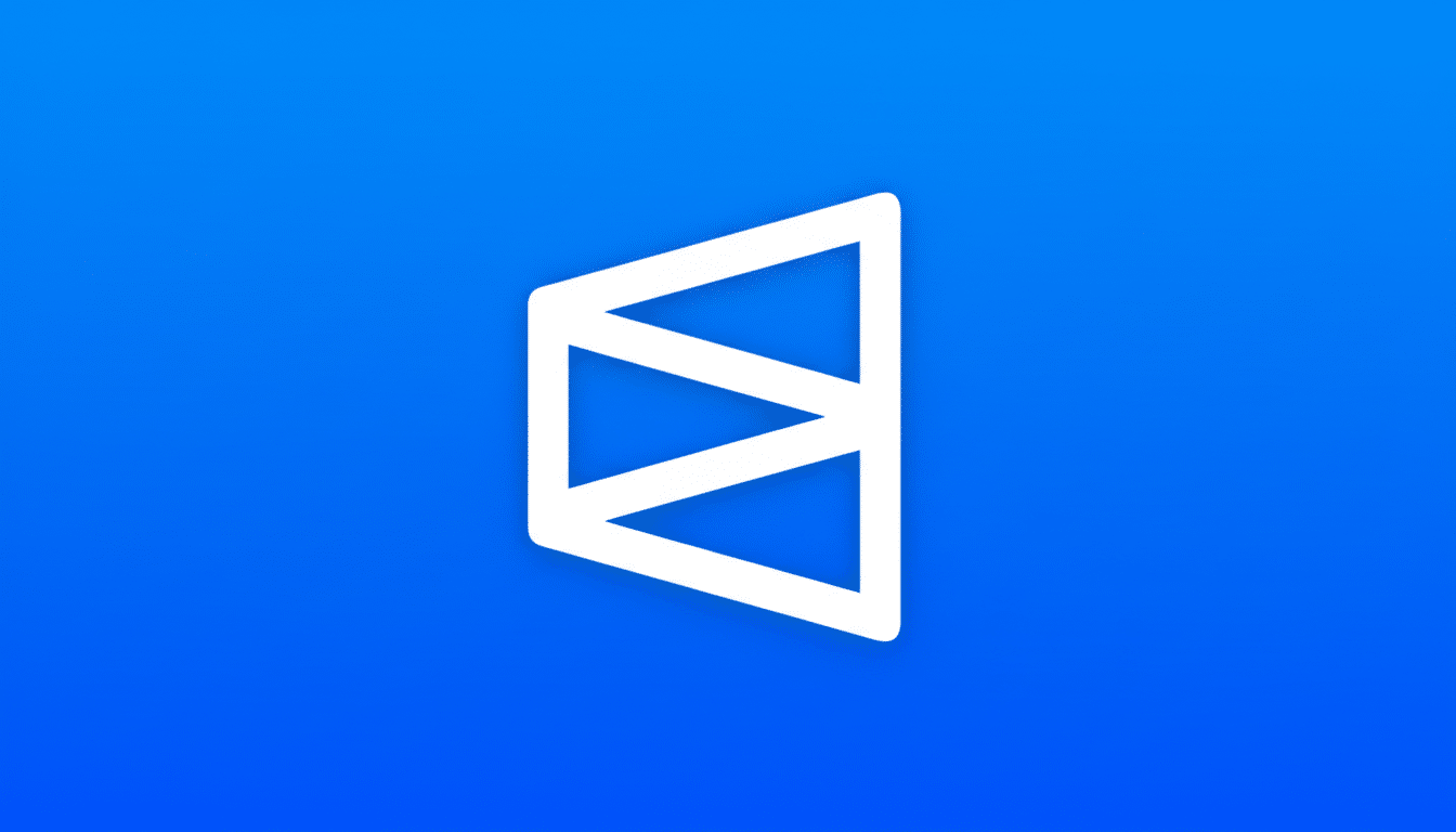 A white abstract logo resembling a stylized letter M or a folded ribbon, set against a vibrant blue background with a subtle gradient.