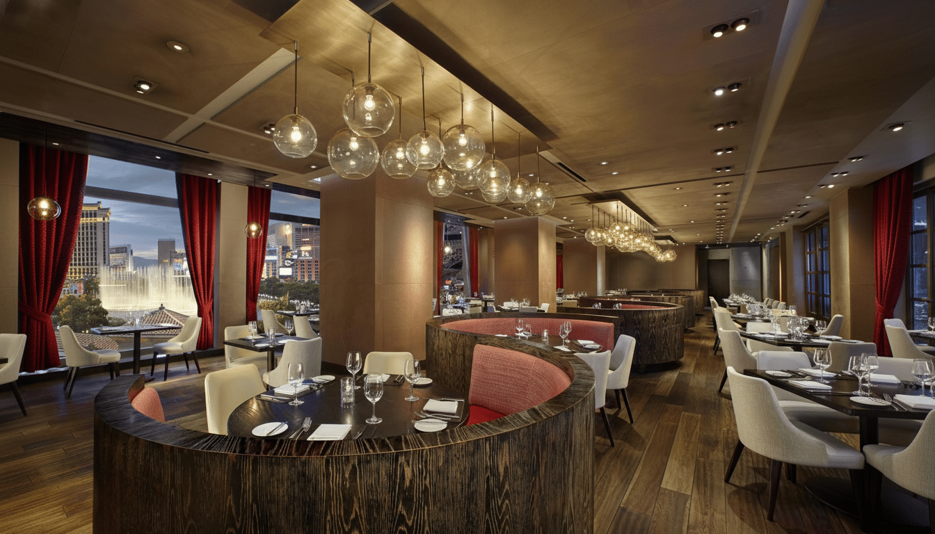 A luxurious restaurant interior with a view of the Las Vegas Strip, featuring elegant dining tables, plush seating, and numerous spherical pendant lights.