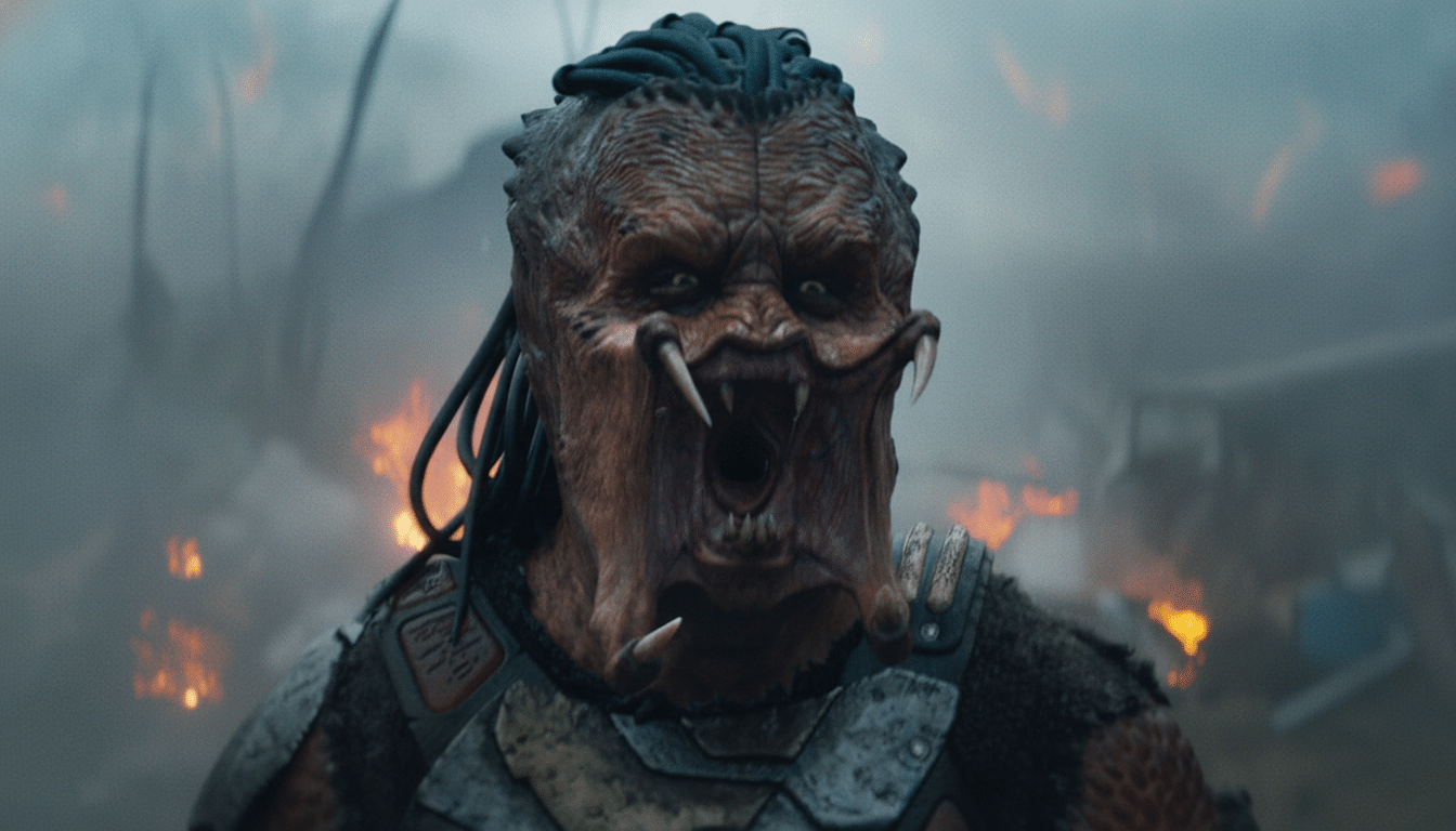 A close-up of the Predator from the movie Prey, with its mouth open, revealing sharp teeth and mandibles. The background is smoky with hints of fire.