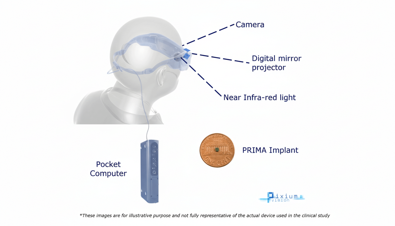 A diagram showing a visual prosthesis system, including a head-mounted device with a camera, digital mirror projector, and near infra-red light, connected to a pocket computer. A penny is shown for scale next to a PRIMA Implant.