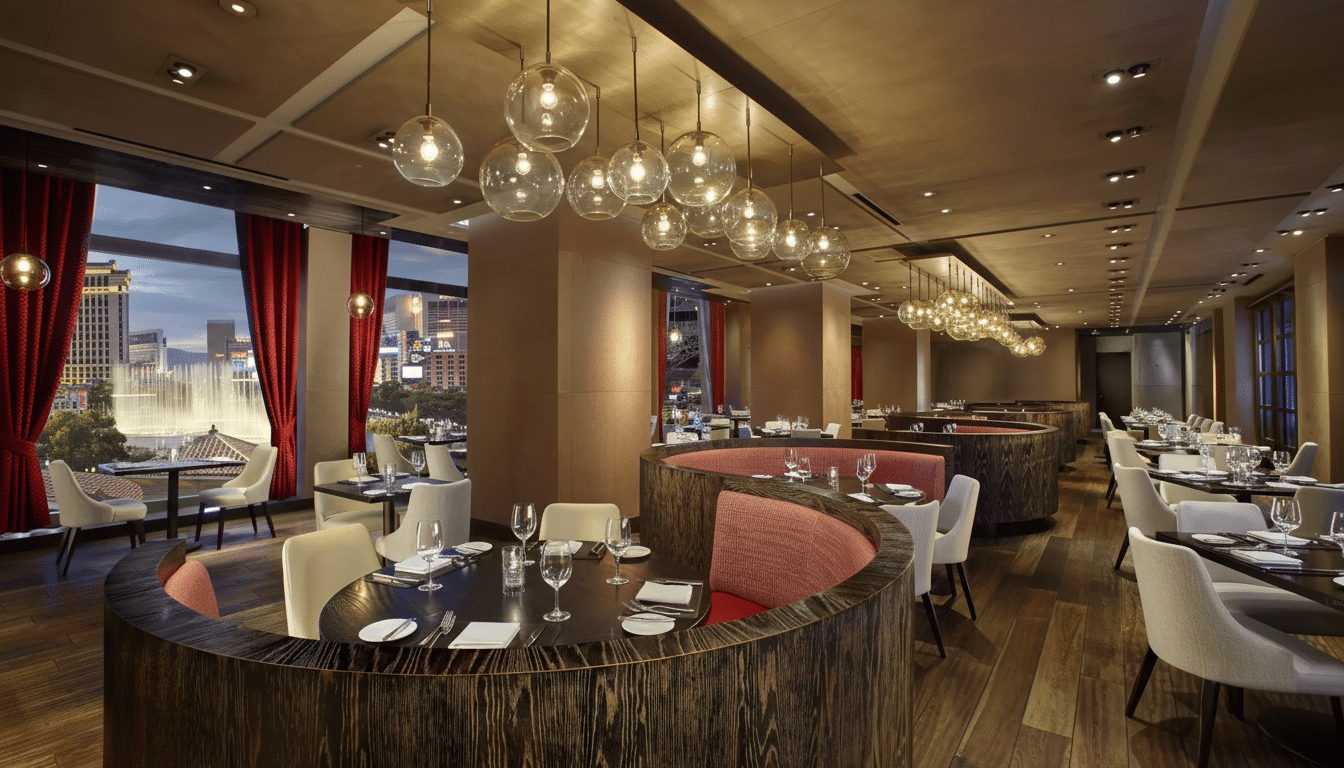 A luxurious restaurant interior with a view of a city skyline at dusk.