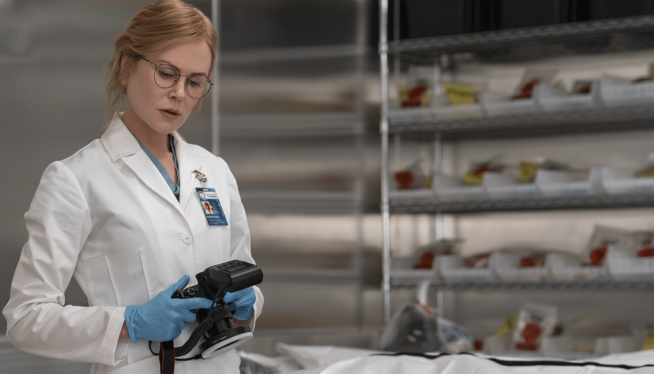 A woman in a white lab coat and blue gloves holds a camera with a flash attachment, looking down at it intently. She is in what appears to be a laboratory or morgue setting, with shelves of items in the background.