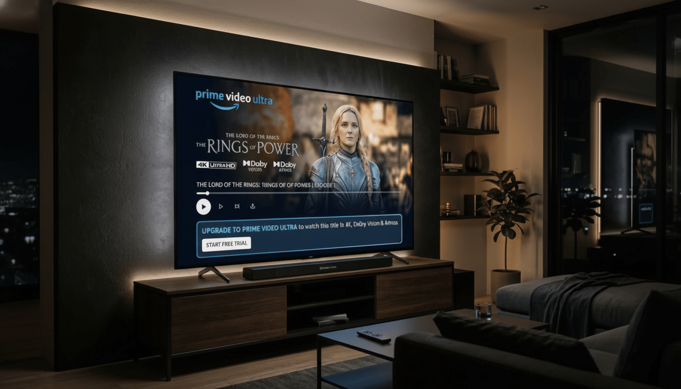A large television screen displaying The Lord of the Rings: The Rings of Power in a modern living room.