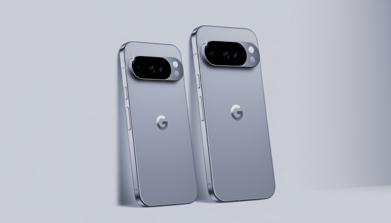 Two Google Pixel phones, one slightly larger than the other, are displayed at an angle against a light gray background. Both phones are a light blue-gray color with a prominent G logo on the back and a horizontal camera bar near the top.