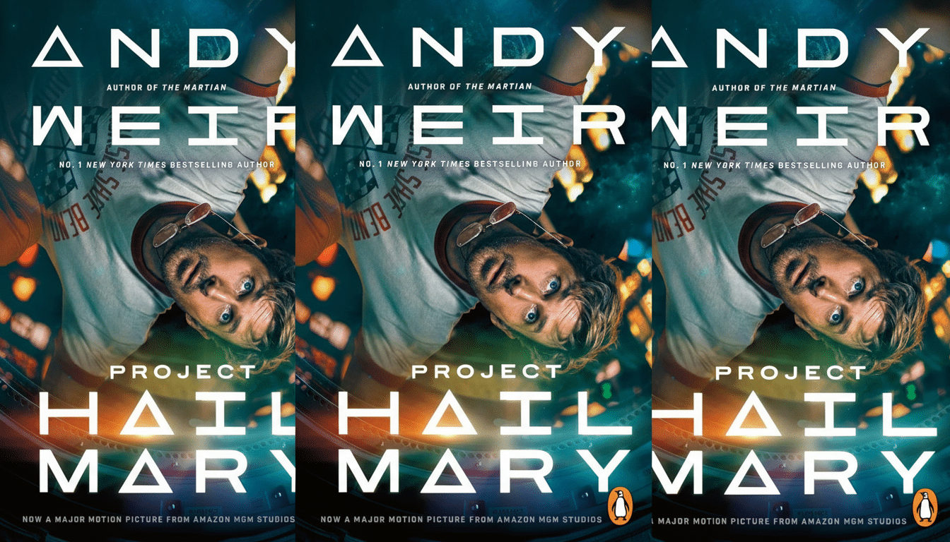 The book cover for Project Hail Mary by Andy Weir, featuring a man with sunglasses on his shirt collar, looking up, with the title text prominently displayed.