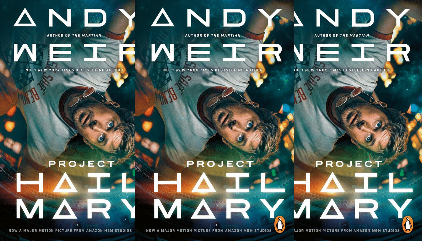The book cover for Project Hail Mary by Andy Weir, featuring a man with sunglasses on his head, looking up, with the title and authors name prominently displayed. The image is repeated three times to fit the 16:9 aspect ratio.