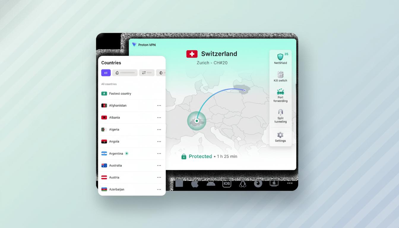 A screenshot of the Proton VPN app interface, showing a map with a connection to Switzerland, a list of countries, and various settings. The image has been resized to a 16:9 aspect ratio with a professional flat design background featuring soft patterns and gradients.