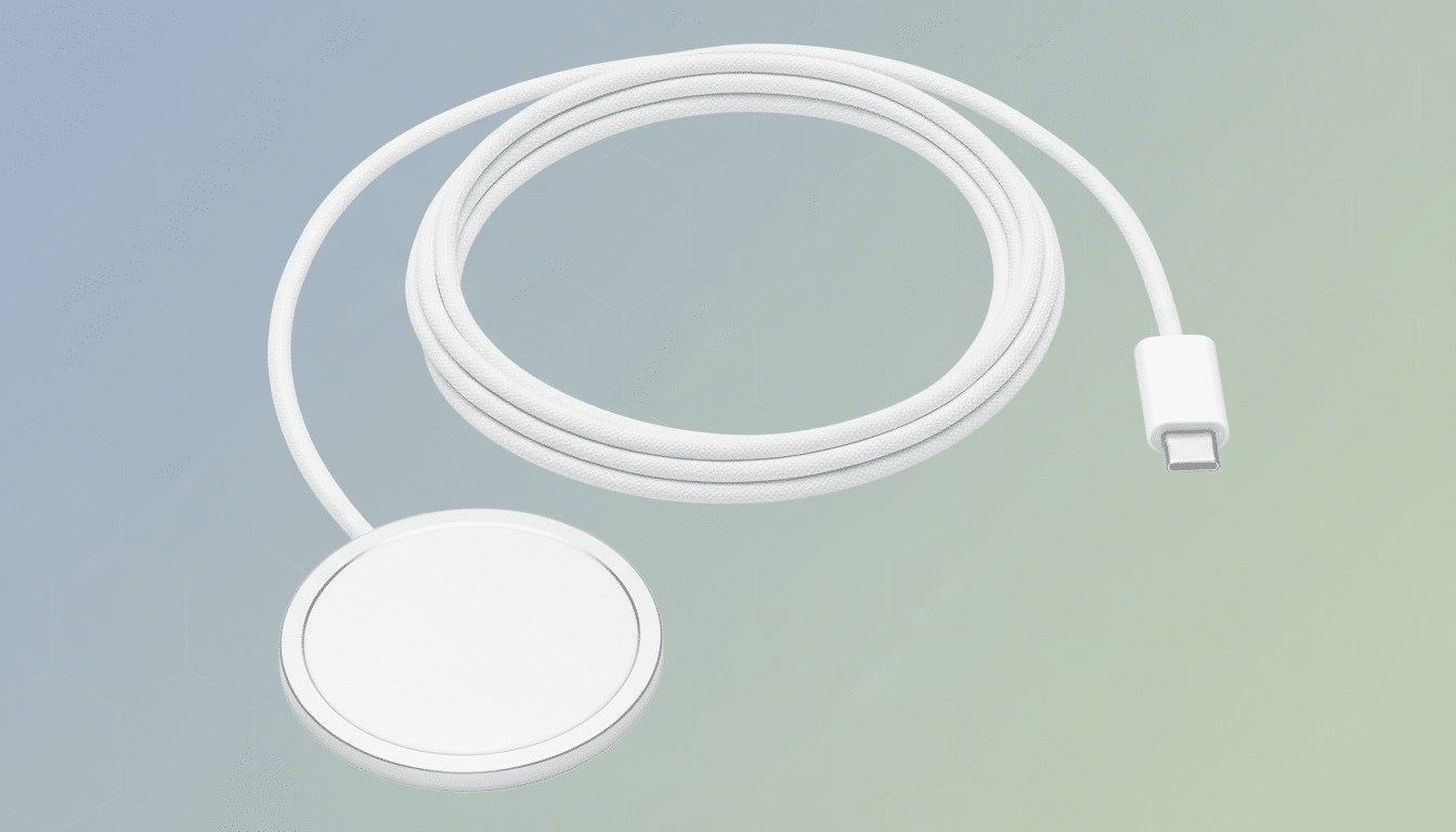 A white Apple MagSafe charger with its cable coiled, presented on a professional flat design background with soft blue and green gradients and subtle hexagonal patterns.