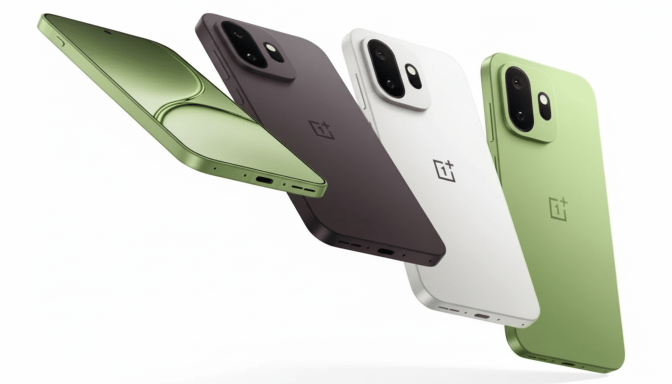 Four OnePlus phones in green, brown, white, and light green, arranged diagonally on a white background.