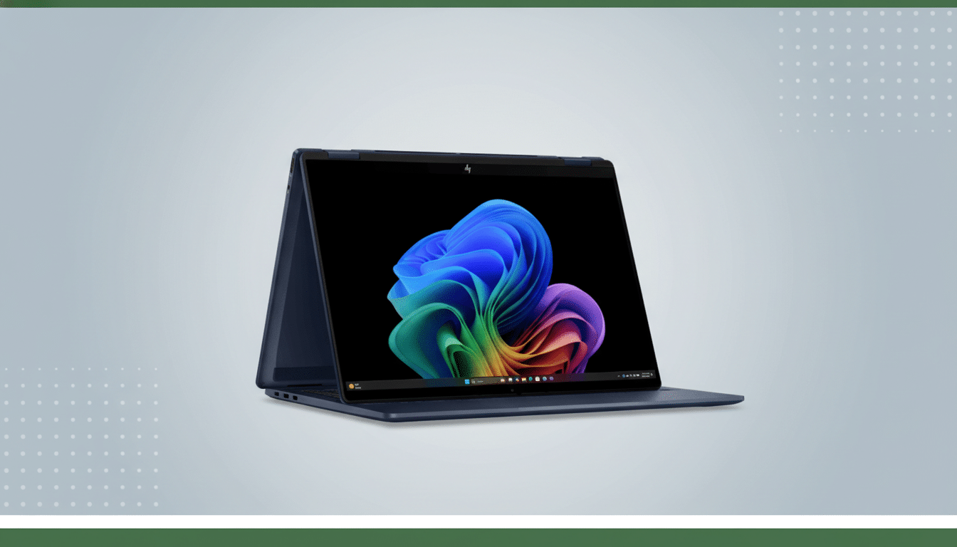 A dark blue HP laptop with a colorful abstract wallpaper on its screen, set against a professional flat design background with soft gray gradients and subtle white dot patterns in the corners.