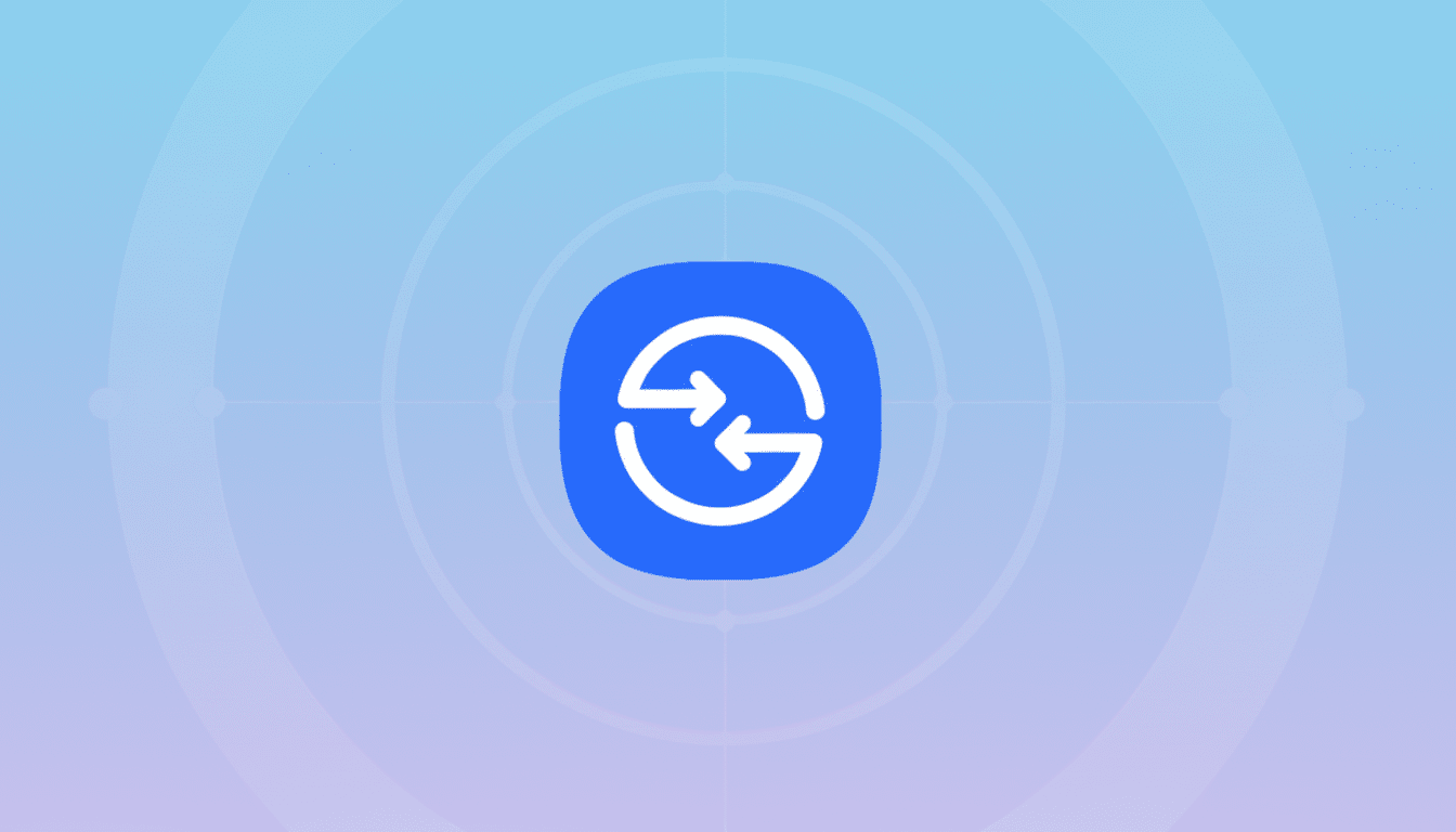 A blue square icon with rounded corners, featuring a white circular arrow symbol with two arrows pointing in opposite directions, centered on a professional light blue and purple gradient background with subtle concentric circle patterns.
