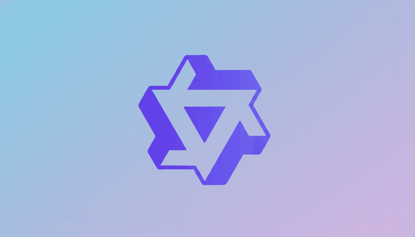 A purple and white hexagonal logo with a triangular design in the center, set against a professional flat design background with soft blue and purple gradients and subtle geometric patterns.