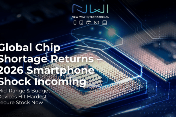 An image with the text Global Chip Shortage Returns - 2026 Smartphone Shock Incoming and Mid-Range & Budget Devices Hit Hardest - Secure Stock Now overlaid on a background of computer chips. The New Way International logo is at the top.