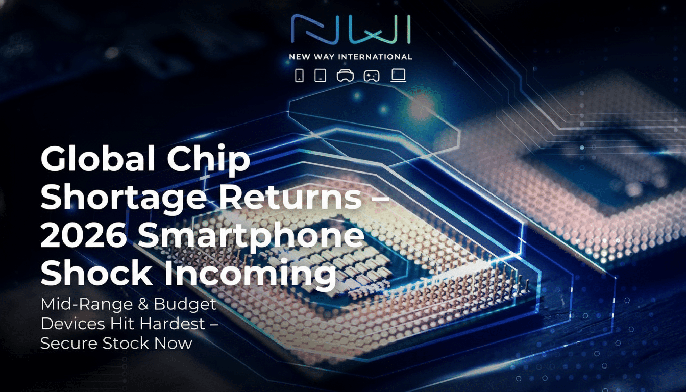 An image with the text Global Chip Shortage Returns - 2026 Smartphone Shock Incoming and Mid-Range & Budget Devices Hit Hardest - Secure Stock Now overlaid on a background of computer chips. The New Way International logo is at the top.