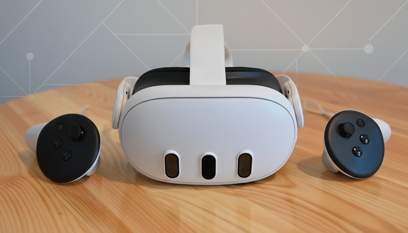 A white Meta Quest 3 VR headset and two controllers on a wooden table, with a subtle geometric pattern in the background.