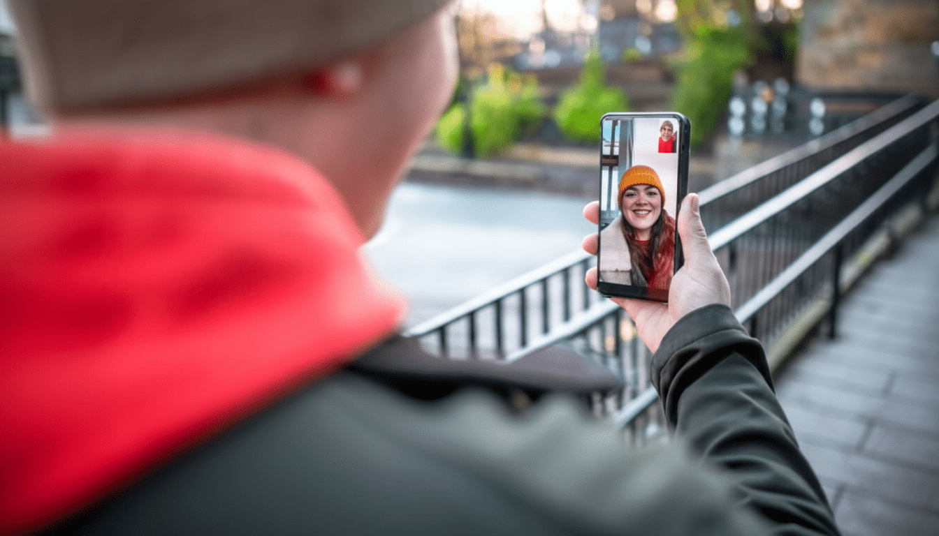 A person holding a smartphone, engaged in a video call with another person who is smiling on the screen.