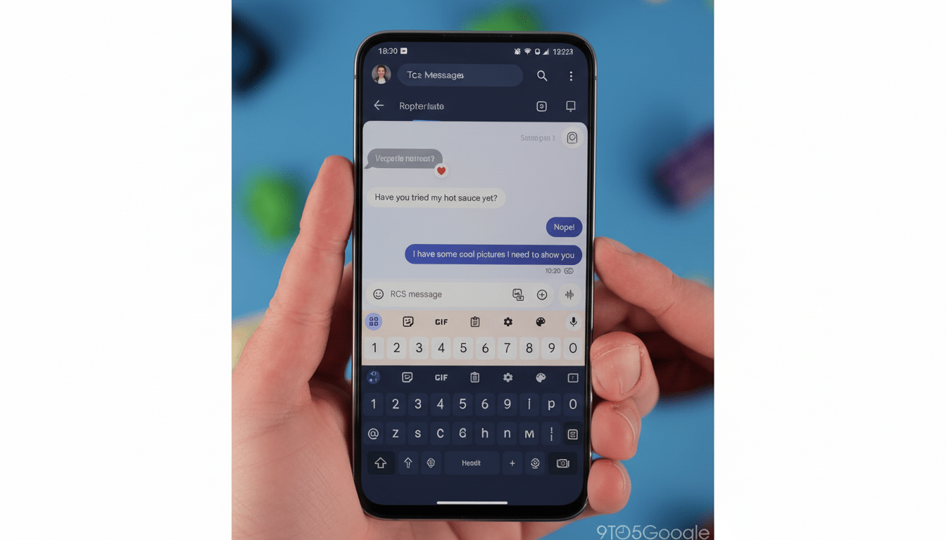 A close-up of a smartphone screen displaying a messaging app with a conversation, held by two hands.