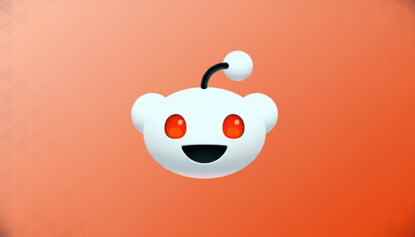 The Reddit Snoo logo, a white alien-like creature with red eyes and an antenna, centered on a professional 16:9 aspect ratio background with a soft orange gradient and subtle geometric patterns.