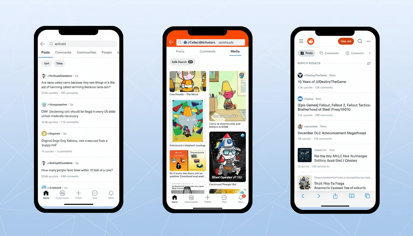 Three smartphones displaying Reddit app interfaces. The left phone shows a search for animals with various posts. The middle phone displays r/CollectibleAvatars: coneheads with several avatar images. The right phone shows SEARCH RESULTS with posts from different subreddits.