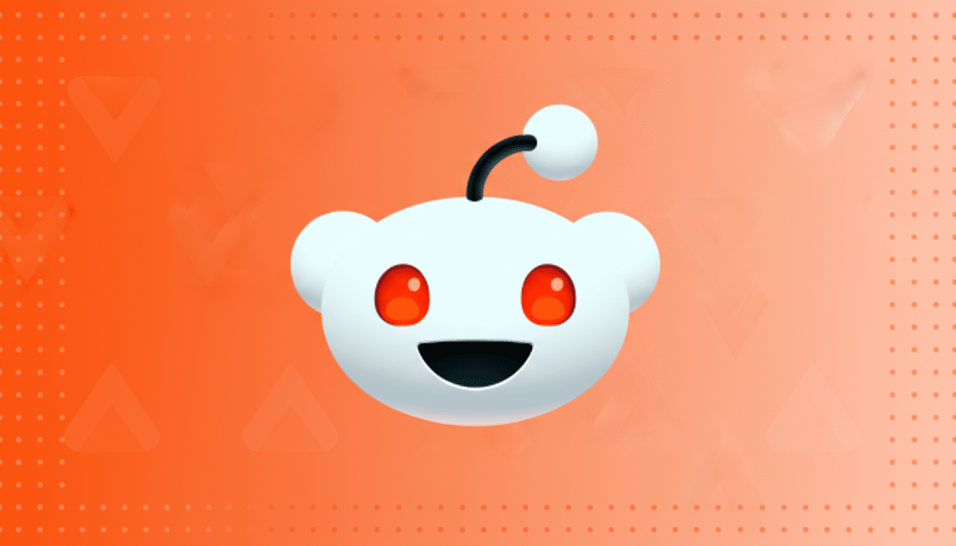 The Reddit Snoo logo, a white alien-like creature with red eyes and an antenna, centered on an orange background with subtle geometric patterns and a gradient.