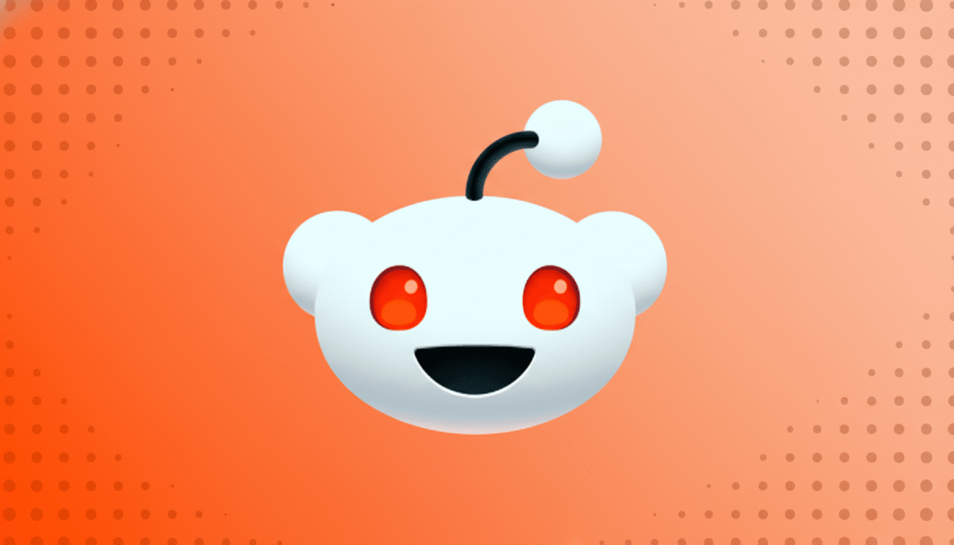 The Reddit logo, Snoo, centered on a gradient orange background with subtle dot patterns in a 16:9 aspect ratio.