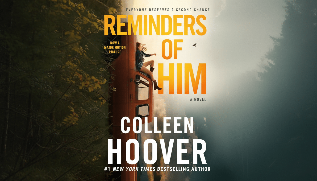 The book cover for Reminders of Him by Colleen Hoover, featuring a woman sitting on the side of a train car with trees and a bright sky in the background.