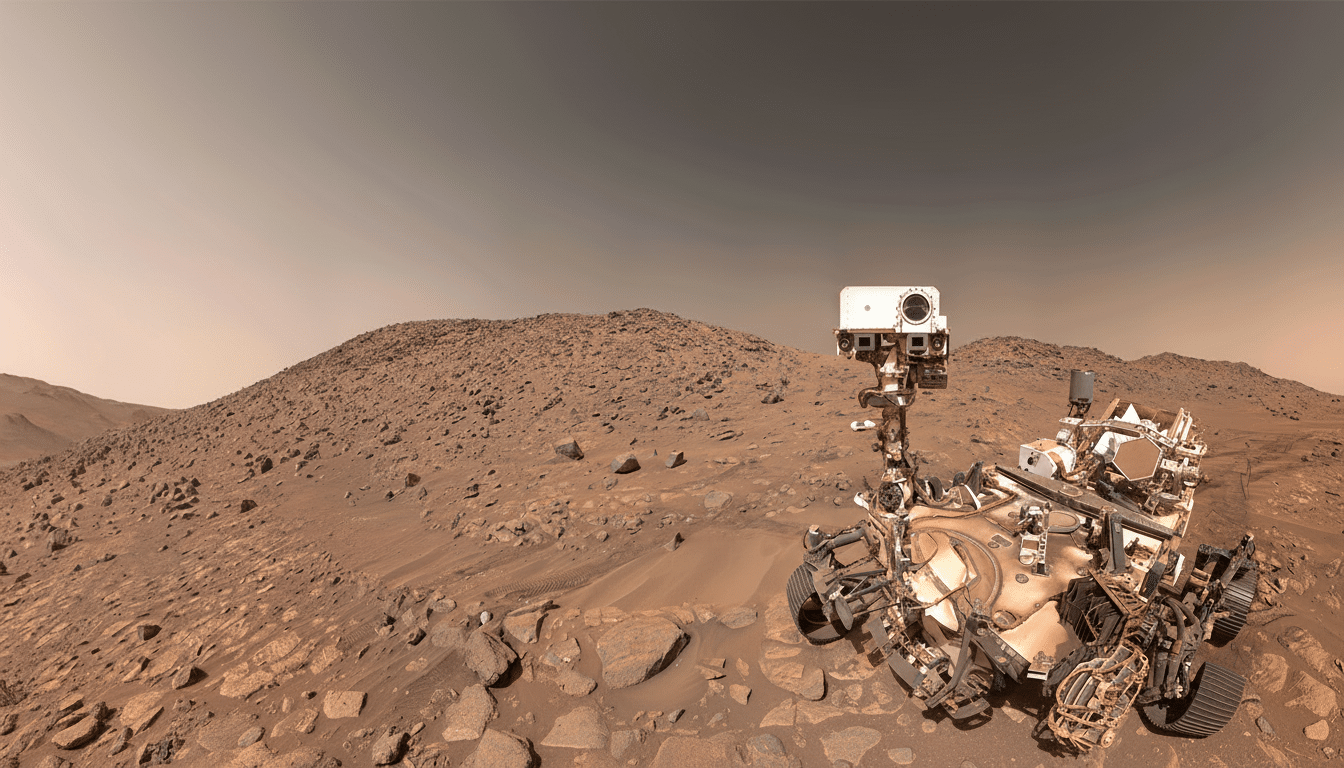 A panoramic view of the Mars Curiosity rover on the Martian surface, with rocky terrain and a dusty sky.
