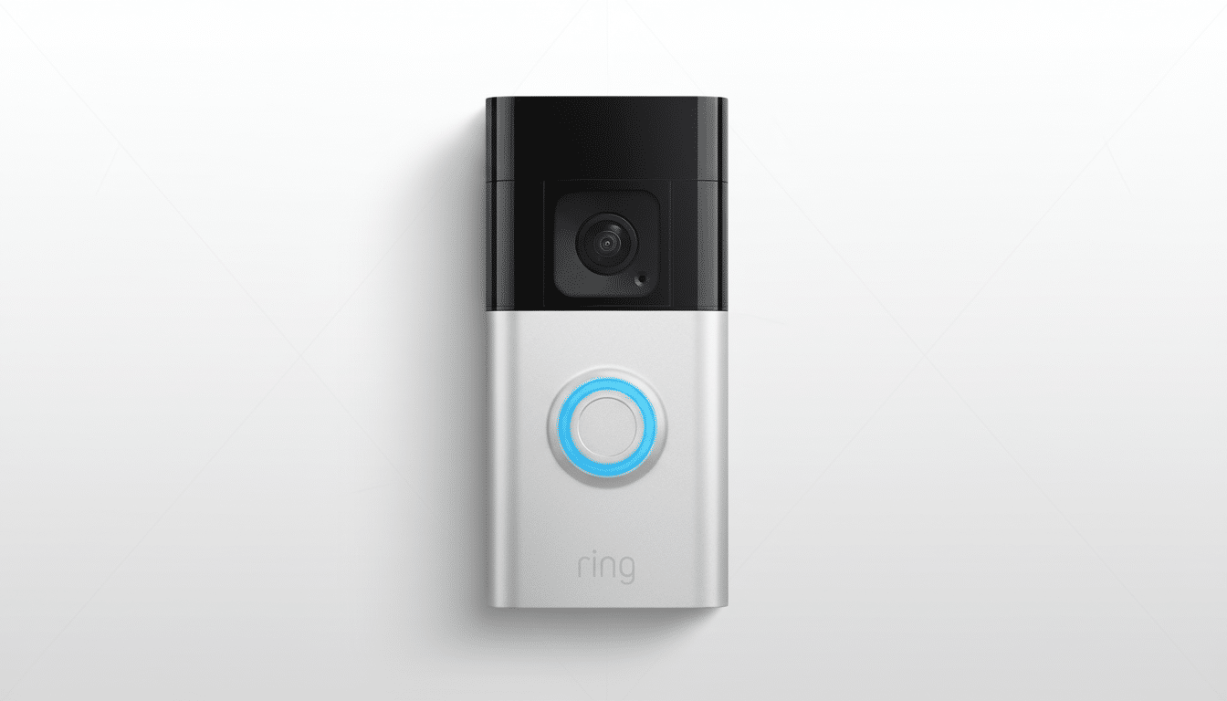 A Ring video doorbell with a silver body and black top, featuring a camera lens and a blue illuminated button, set against a clean white background with subtle shadows.