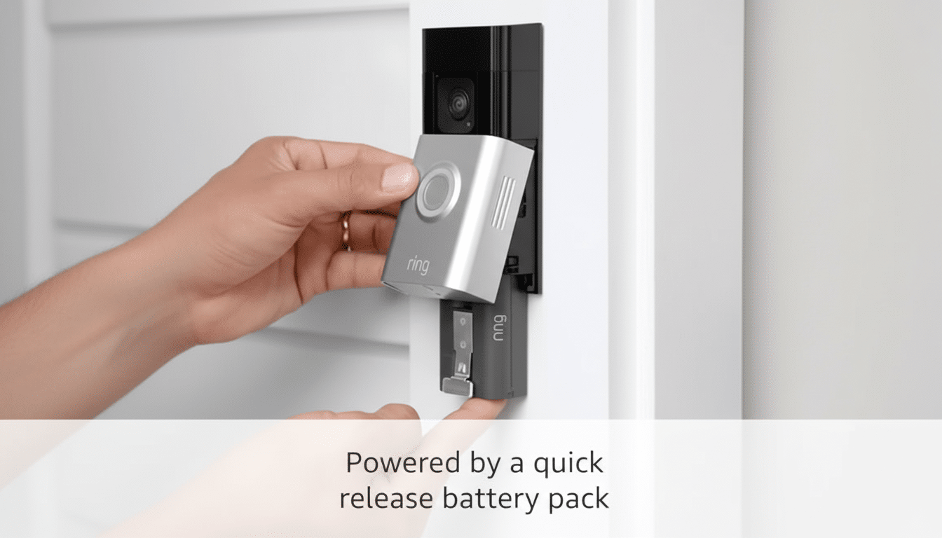 A hand inserting a silver Ring battery pack into a black Ring doorbell, which is mounted on a white doorframe. The text Powered by a quick release battery pack is at the bottom.