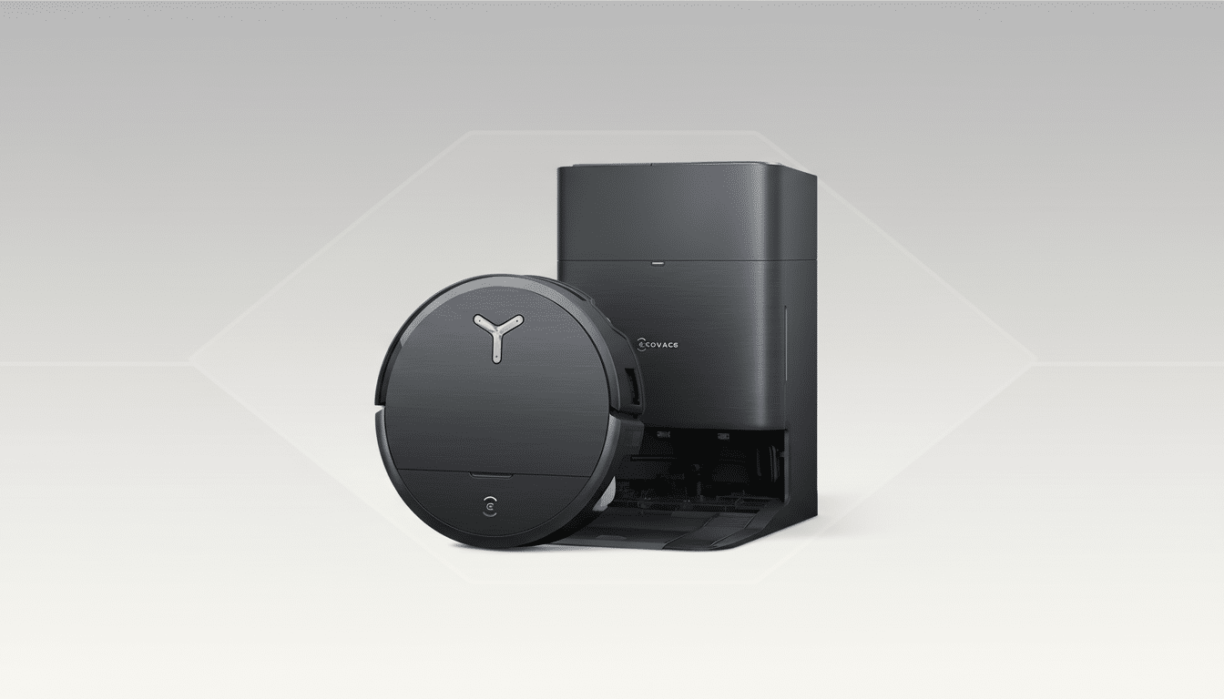 A dark gray robotic vacuum cleaner and its charging station are presented on a professional flat design background with soft patterns and gradients.