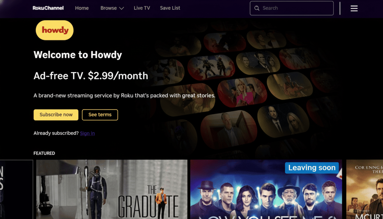 A screenshot of the Howdy streaming service homepage, featuring a welcome message, subscription offer, and various movie and TV show thumbnails.