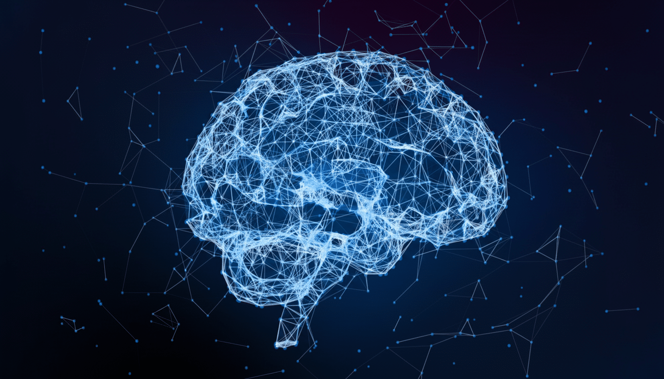A digital representation of a human brain, composed of interconnected blue lines and dots, set against a dark blue background with a network of faint lines and points.