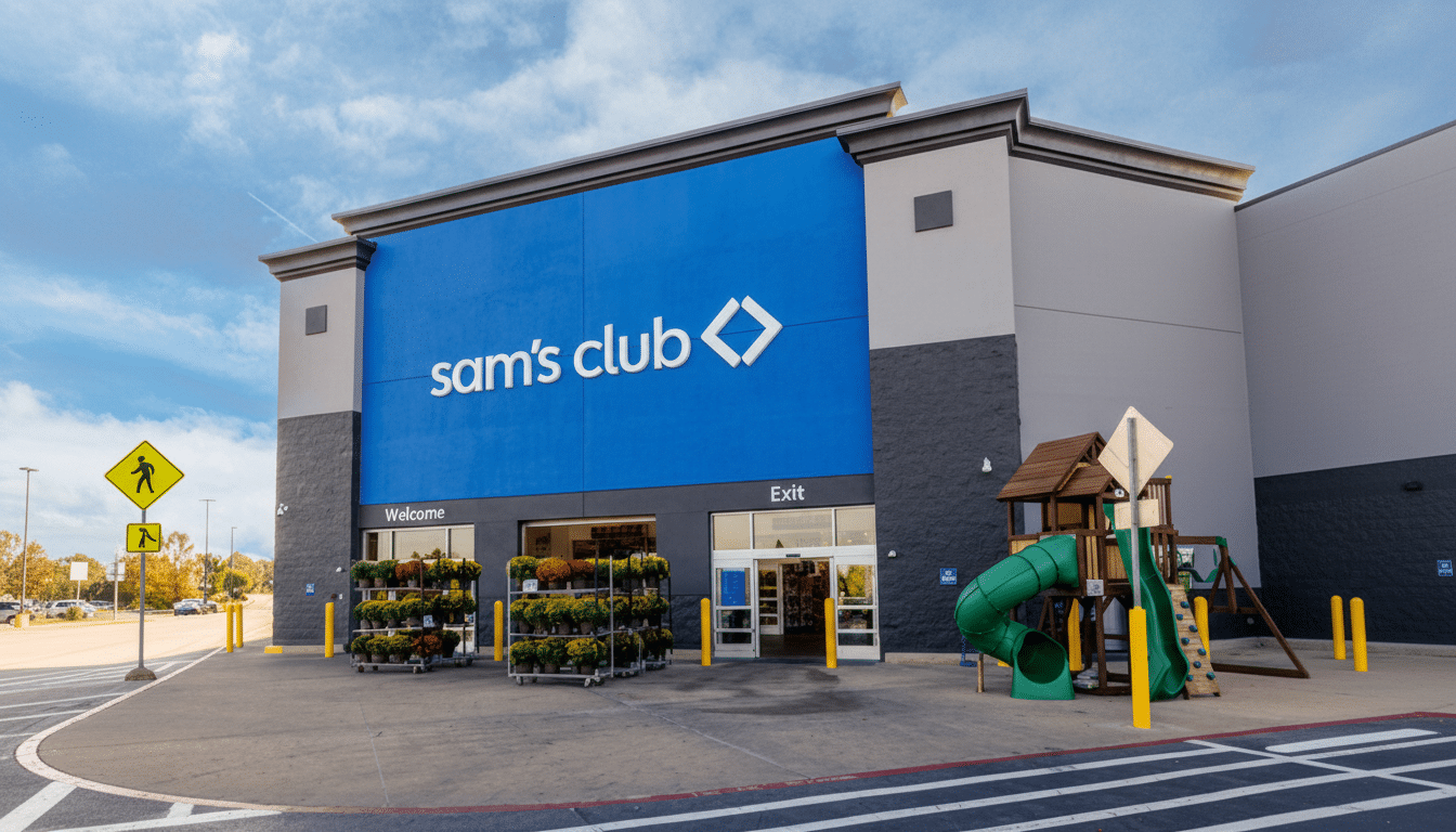The exterior of a Sams Club store with a blue facade and a playground to the right.