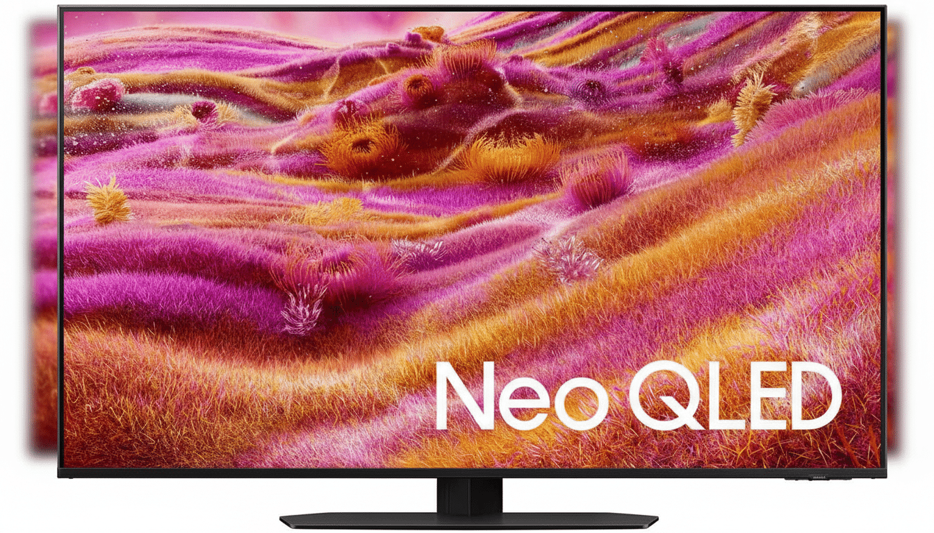 A Samsung Neo QLED television displaying a vibrant, abstract image of pink and orange textured forms, with the Neo QLED logo in white text on the bottom right of the screen.