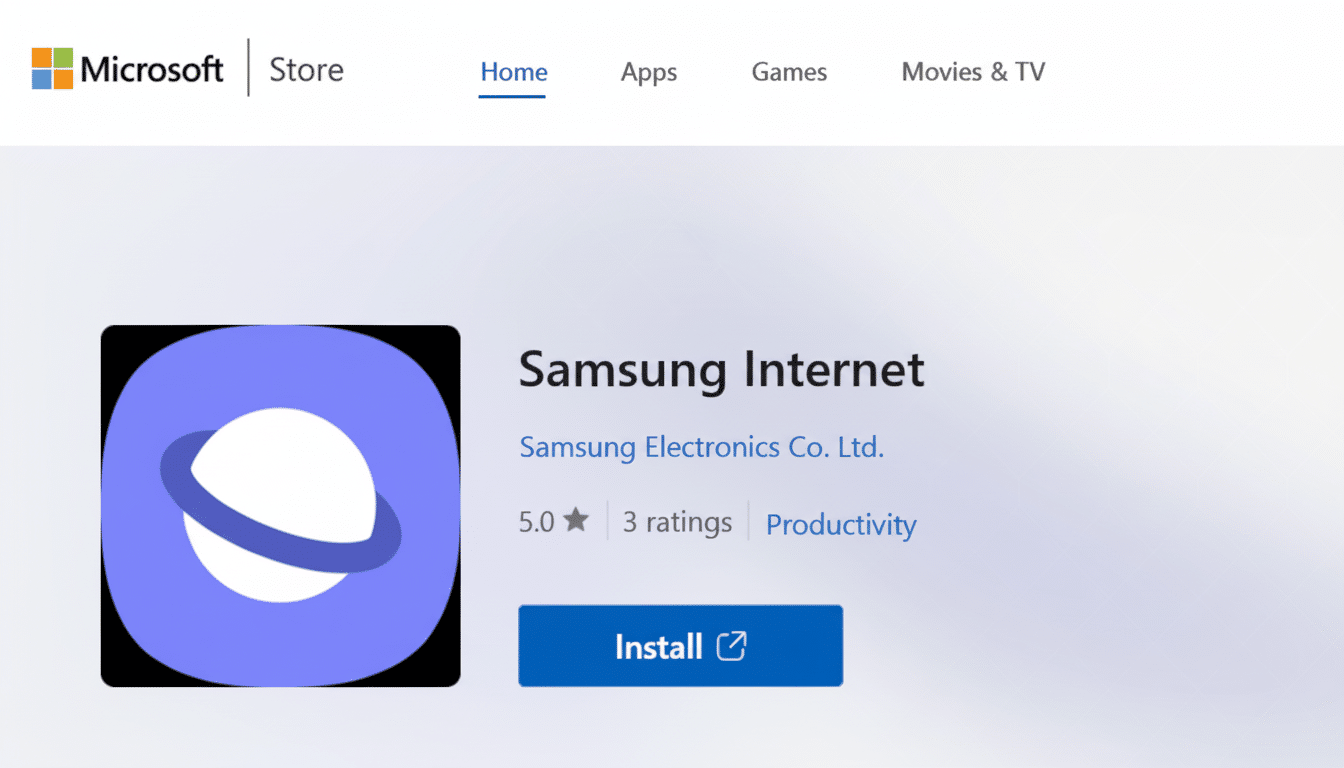 A screenshot of the Microsoft Store page for Samsung Internet, showing the apps icon, title, developer, ratings, and an Install button. The image has been resized to a 16:9 aspect ratio.