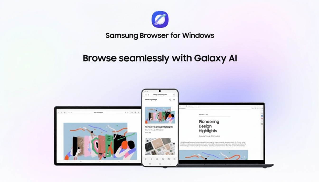 A Samsung Browser for Windows advertisement showing a laptop and a smartphone displaying web pages, with the text Samsung Browser for Windows and Browse seamlessly with Galaxy AI above them.