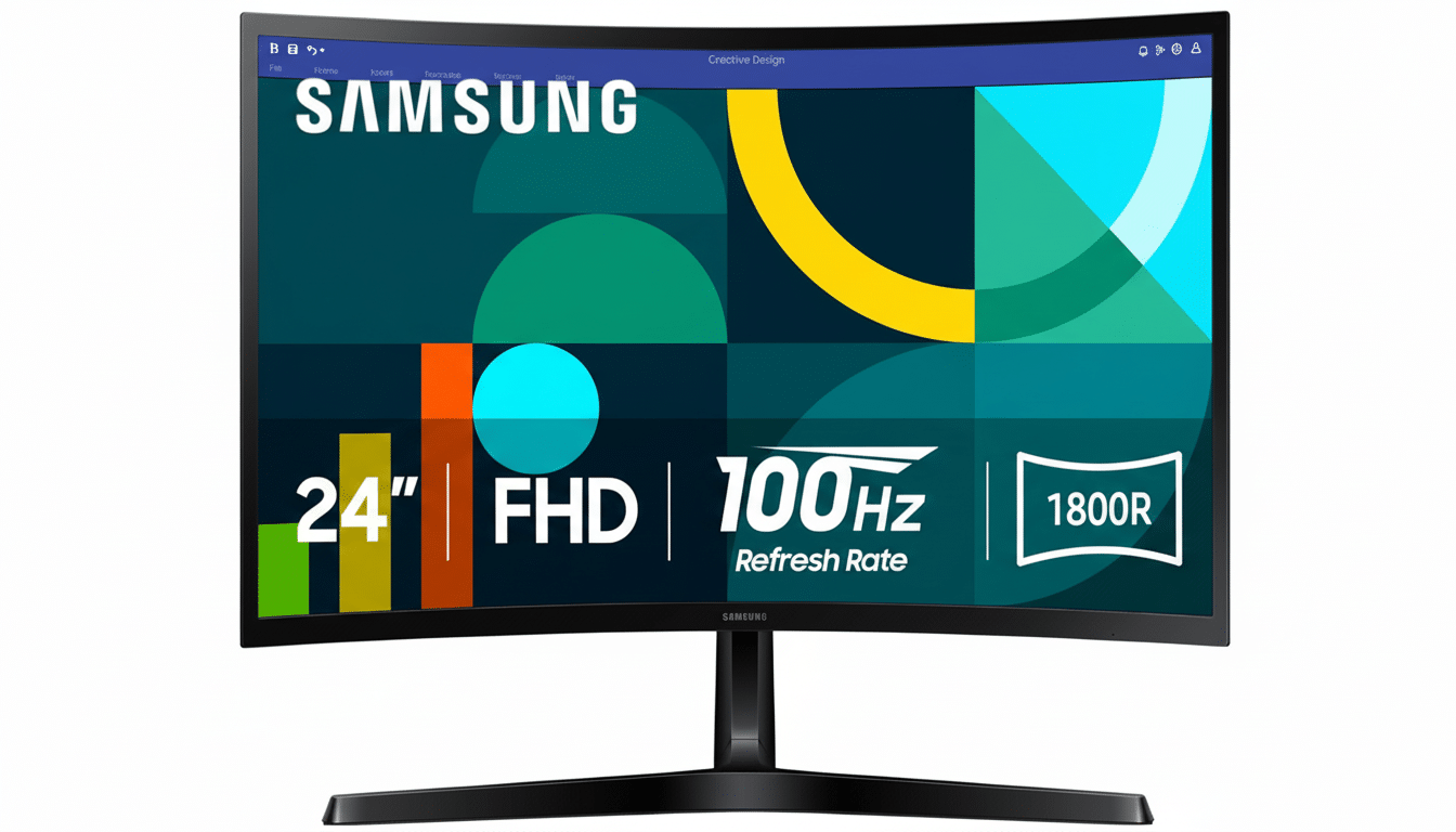 A Samsung curved monitor displaying a colorful graphic with SAMSUNG, 24 FHD, 100Hz Refresh Rate, and 1800R text, set against a clean white background.