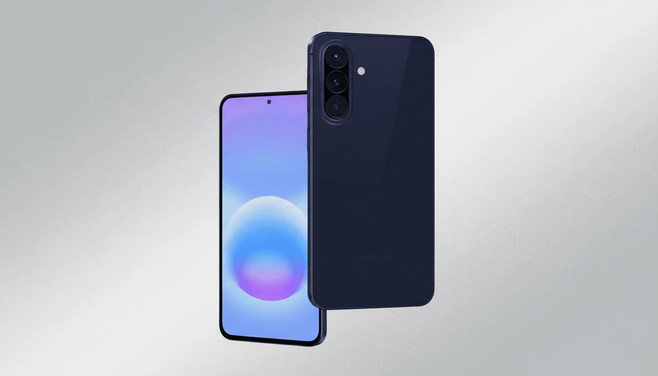 A dark blue smartphone with a triple camera setup on the back and a vibrant, colorful display on the front, presented on a professional light gray background with a subtle hexagonal pattern.