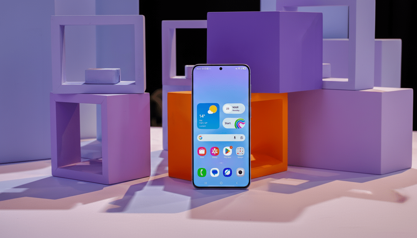 A smartphone with a light blue screen displaying app icons and widgets, set against a background of purple and orange geometric blocks.