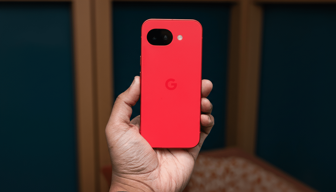 A hand holding a red Google Pixel phone, resized to a 16:9 aspect ratio with the original background maintained.