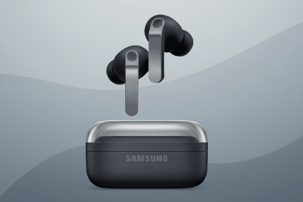 A pair of black Samsung wireless earbuds with silver accents, positioned above their matching black charging case with a transparent lid, set against a professional grey background with subtle wave patterns.