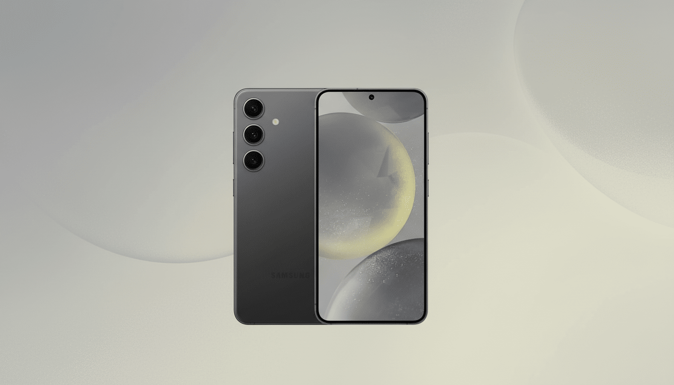 A professional, enhanced image of a dark gray Samsung smartphone, presented in a 16:9 aspect ratio. The phone is centered on a subtle, light gray gradient background with soft, abstract patterns. The front and back of the phone are visible, showcasing its design and camera array.