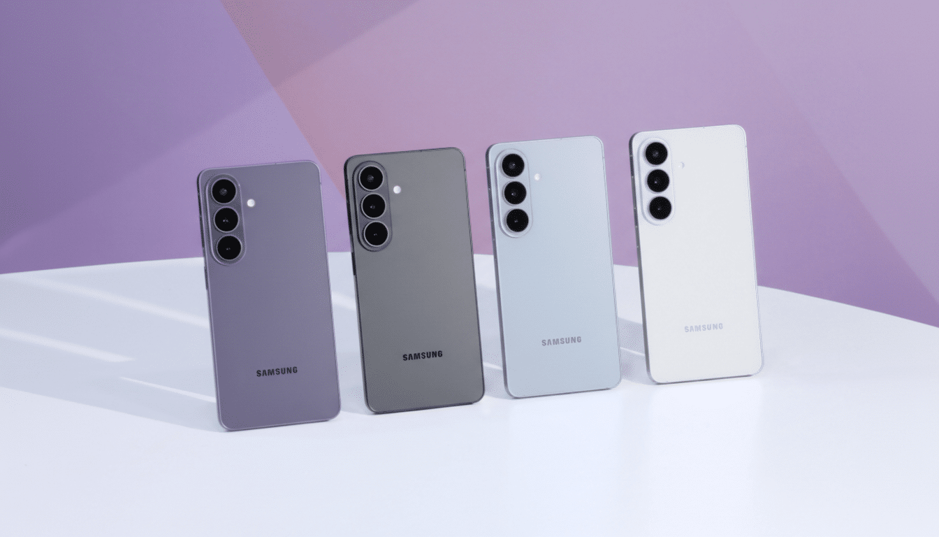 Four Samsung smartphones in different colors (purple, gray, light blue, and white) are displayed upright on a white surface with a purple and white gradient background.