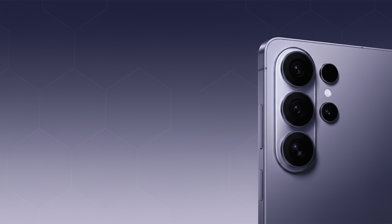 A close-up, professional shot of the back of a purple smartphone, showcasing its camera array with three prominent lenses and a flash, set against a gradient background with subtle hexagonal patterns.