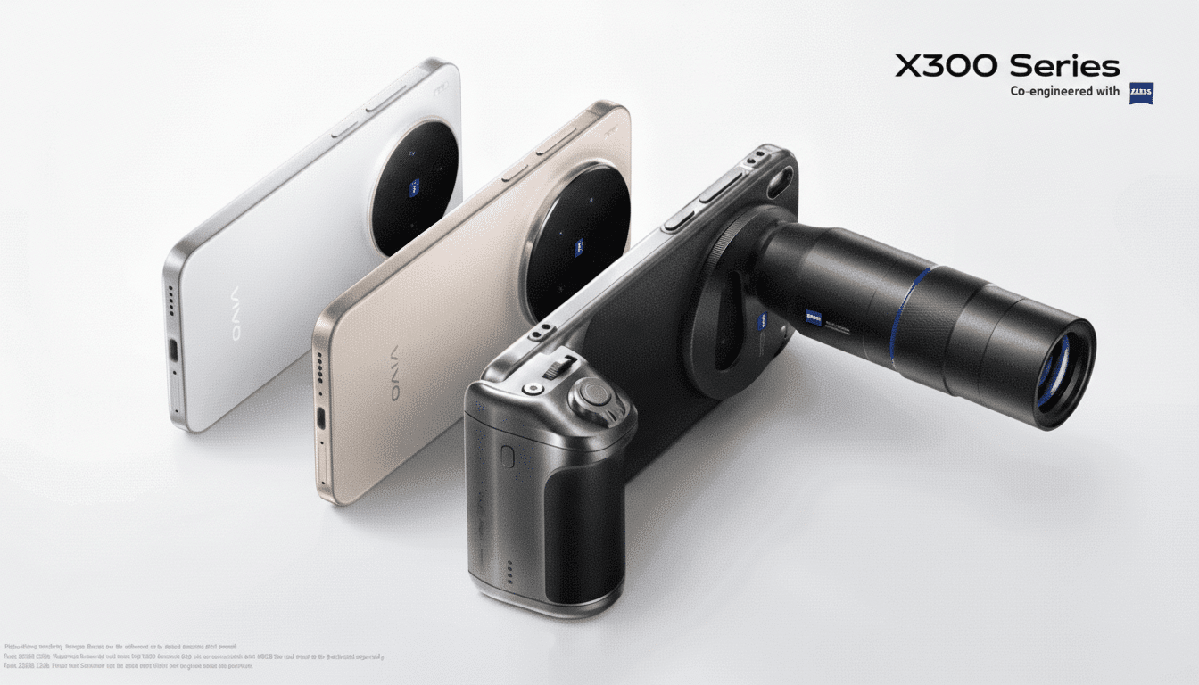 Three Vivo X300 Series smartphones, one with an attached professional camera lens, are displayed on a clean white background.