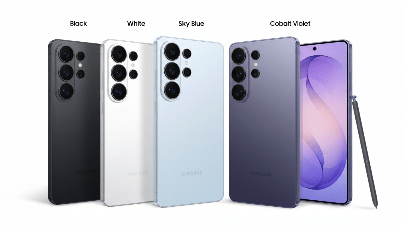 A professional image showcasing five Samsung Galaxy S24 Ultra phones in Black, White, Sky Blue, and Cobalt Violet, with one phone displaying its screen and an S Pen stylus.