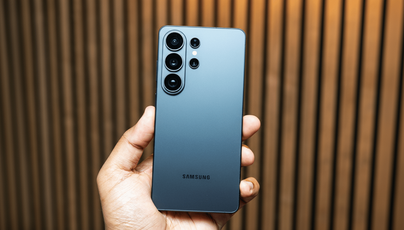 A hand holding a dark gray Samsung smartphone with multiple camera lenses on the back, against a blurred background of vertical wooden slats.
